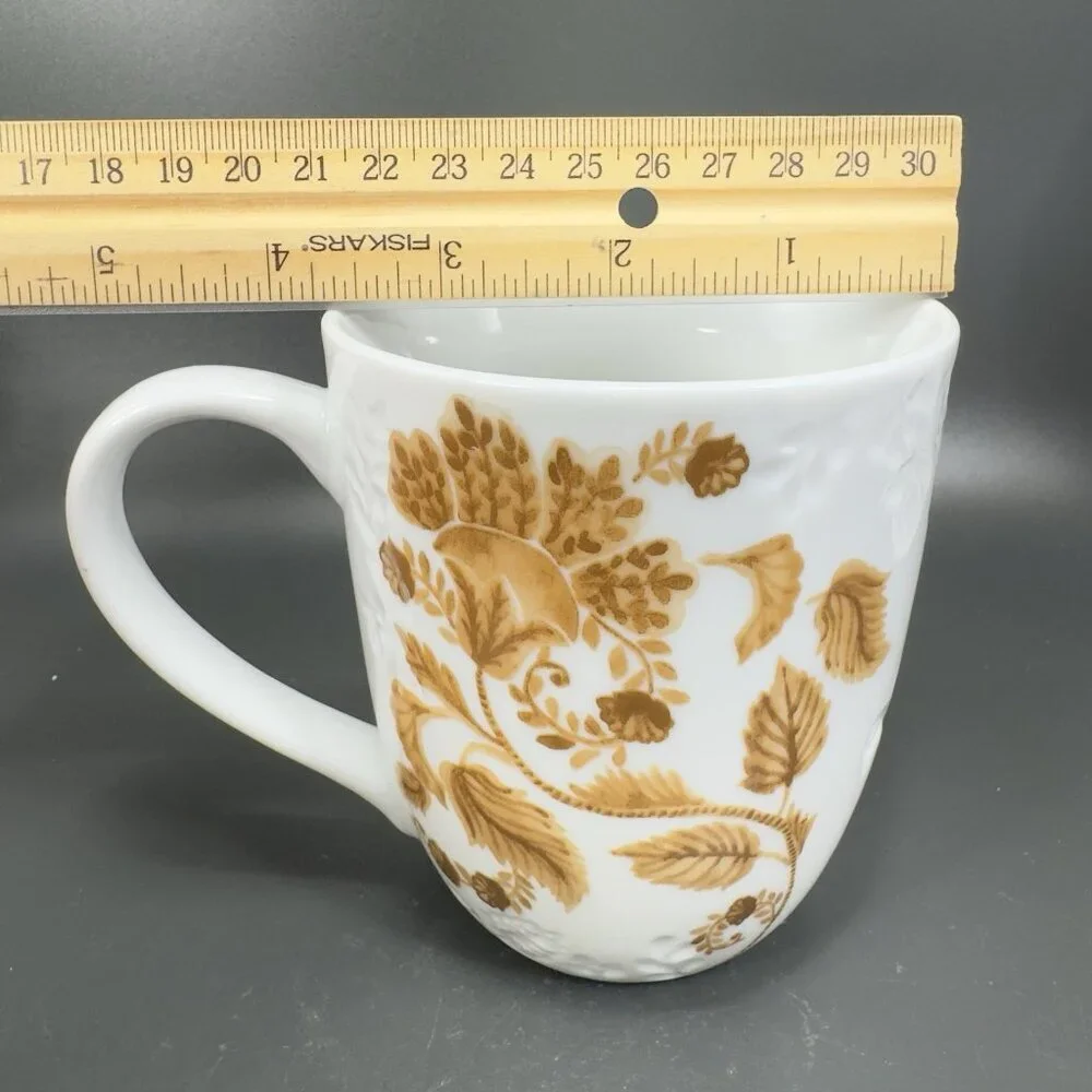 Pier 1 Porcelain Coffee Mug Cup Initial Letter‎ J Monogram Brown Leafs Pattern